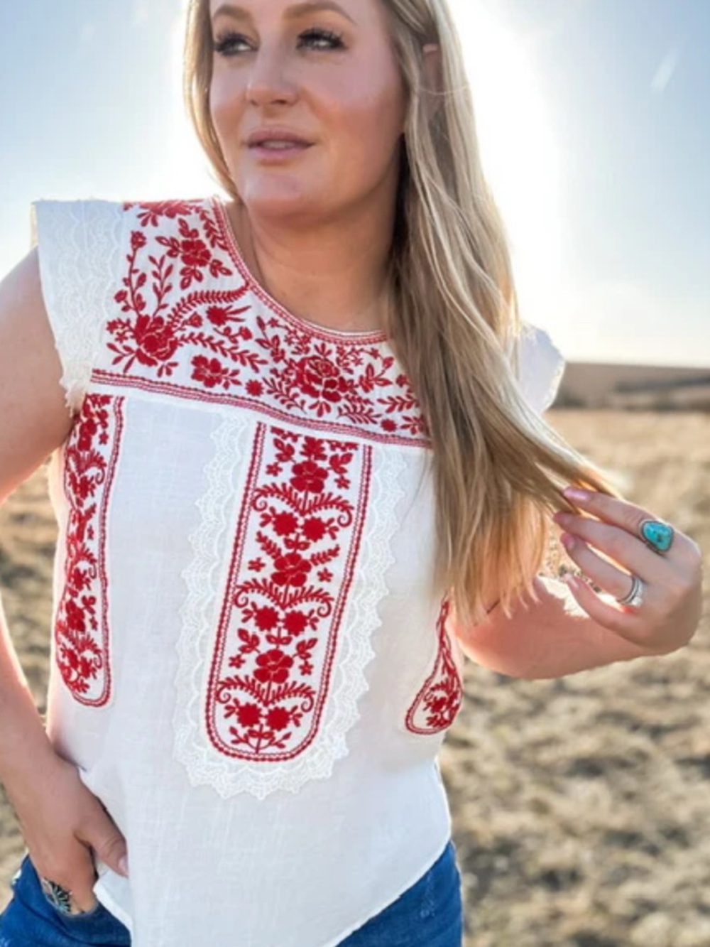 Savanna Jane White Top with Red Floral Embroidery
